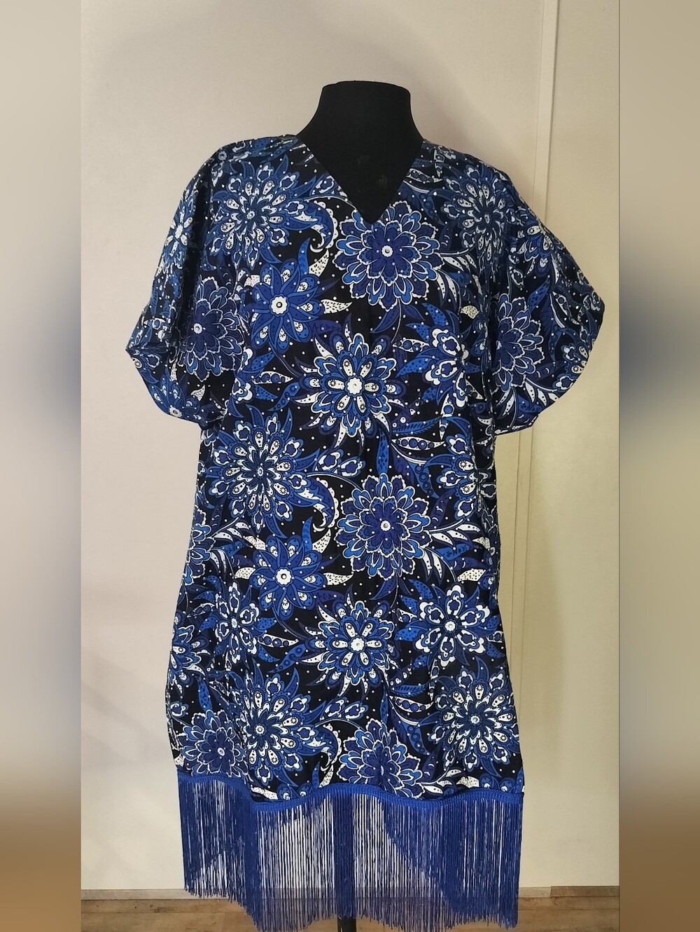 Women’s Blue Floral Kaftan with Fringe